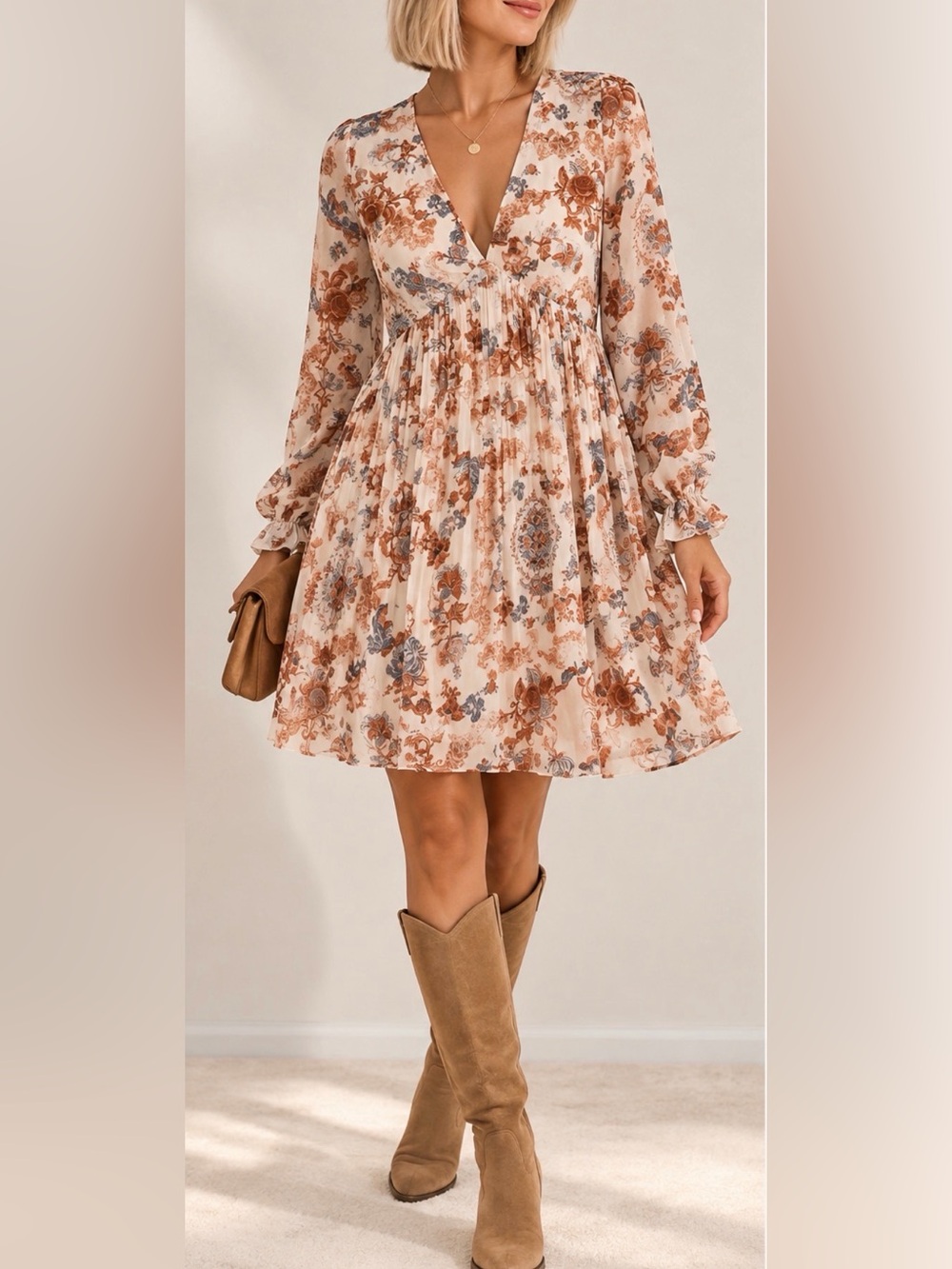 V-Neck Floral Pleated Mini Dress in Cream and Rust